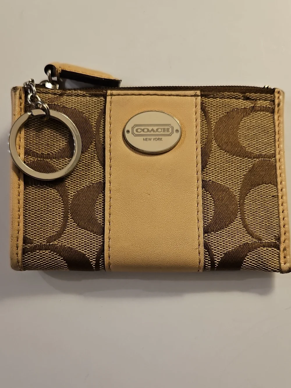 Coach Brown Monogram Canvas Key Pouch with Tan Leather Trim